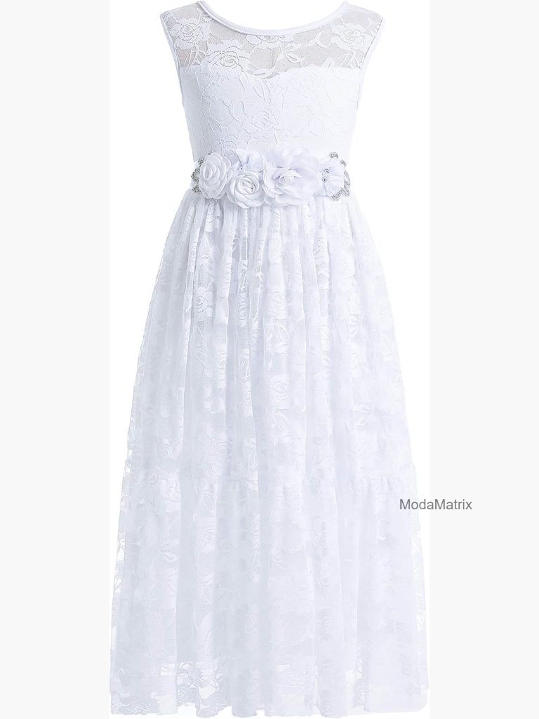 Kids Lace Maxi Dress With Belt Flower Girl Party Gown